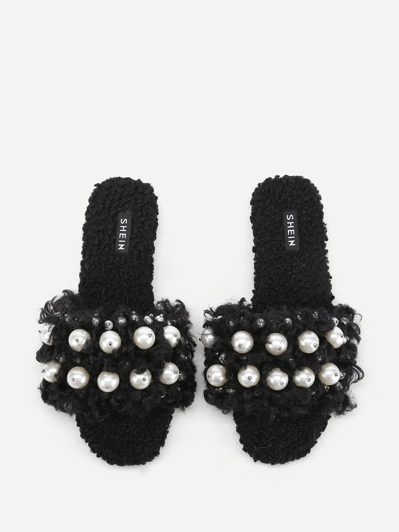 Beatiful Faux Pearl Embellished Fuzzy Sliders