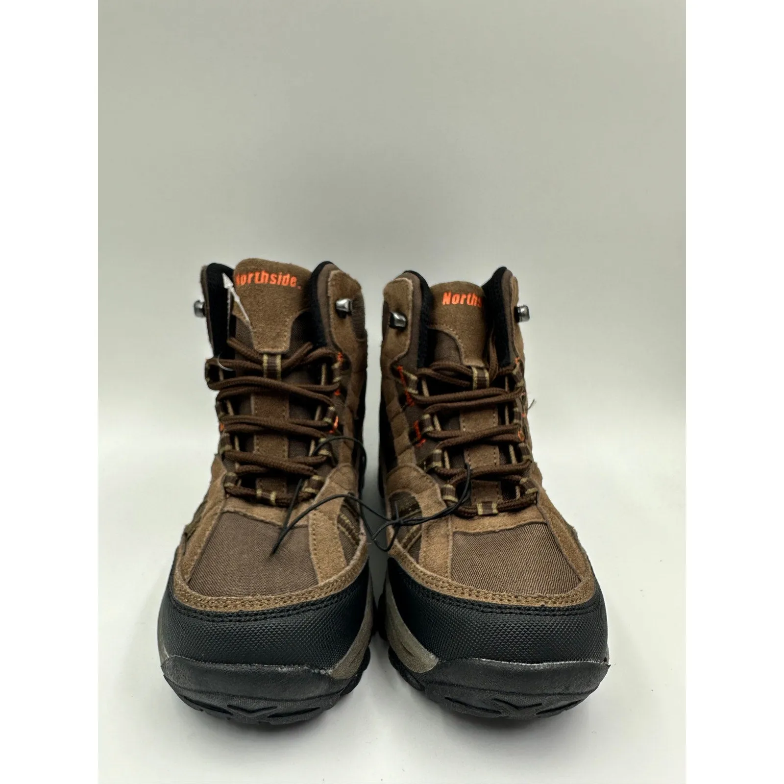 Big Kid Size 4, High Top Brown Hiker w/ Orange Accents, Rubber Black Toe Cap