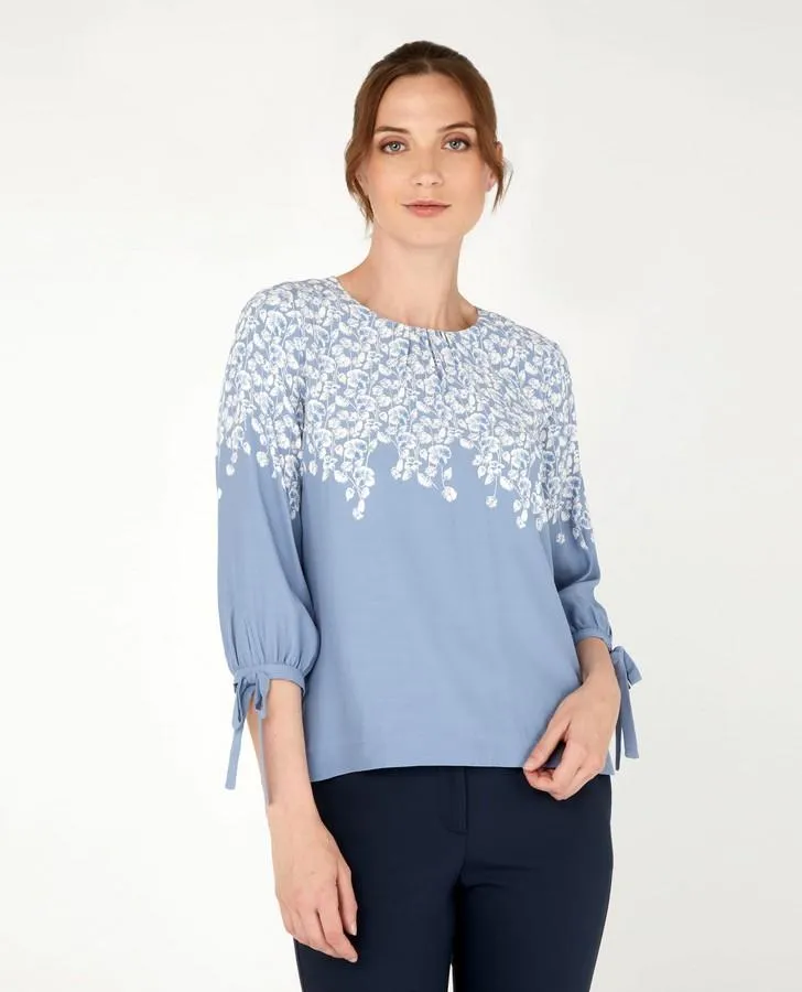 Blue Bow Sleeve Climbing Floral Blouse