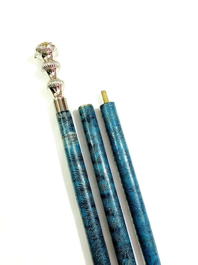 Brass blue leather finish wooden walking stick canes