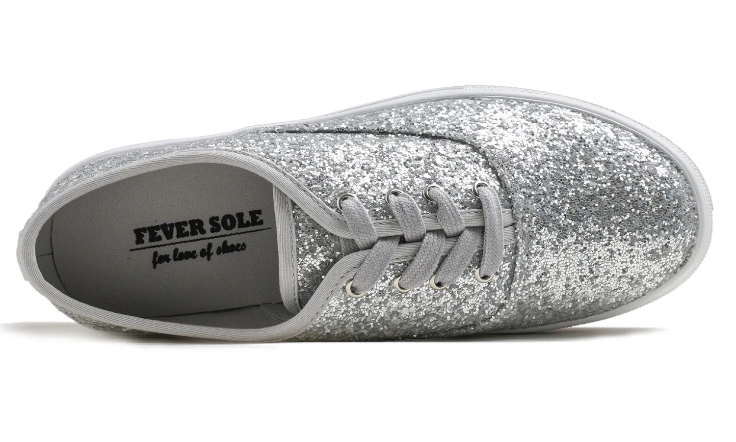 Feversole Women's Fashion Dress Sneakers Party Bling Casual Flats Embellished Shoes Silver Platform Glitter Lace