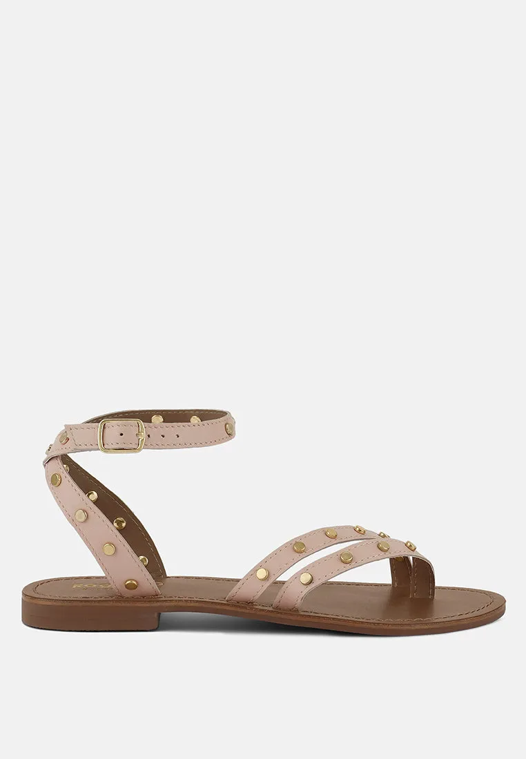 OPRAH Studs Embellished Flat Sandals in Beige