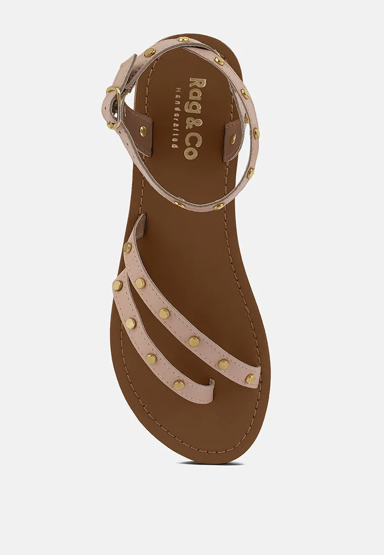 OPRAH Studs Embellished Flat Sandals in Beige