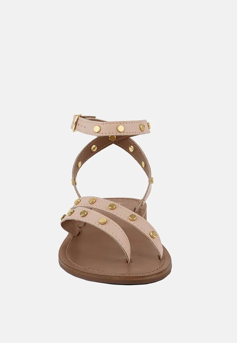 OPRAH Studs Embellished Flat Sandals in Beige