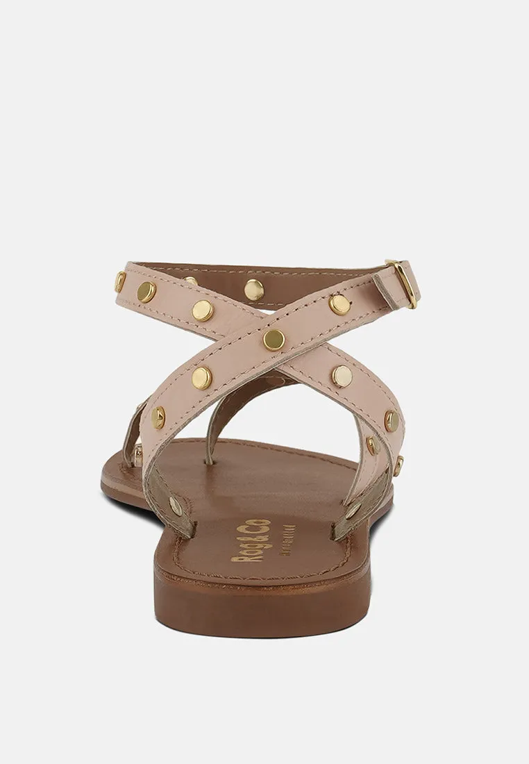 OPRAH Studs Embellished Flat Sandals in Beige