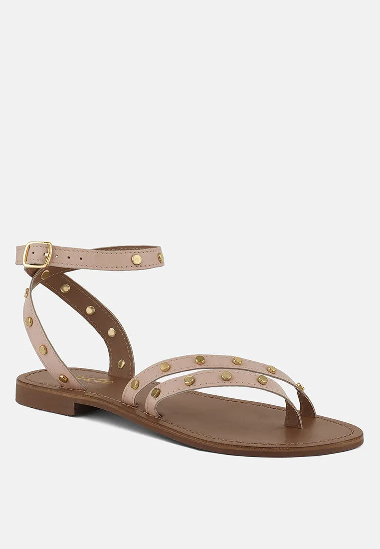 OPRAH Studs Embellished Flat Sandals in Beige