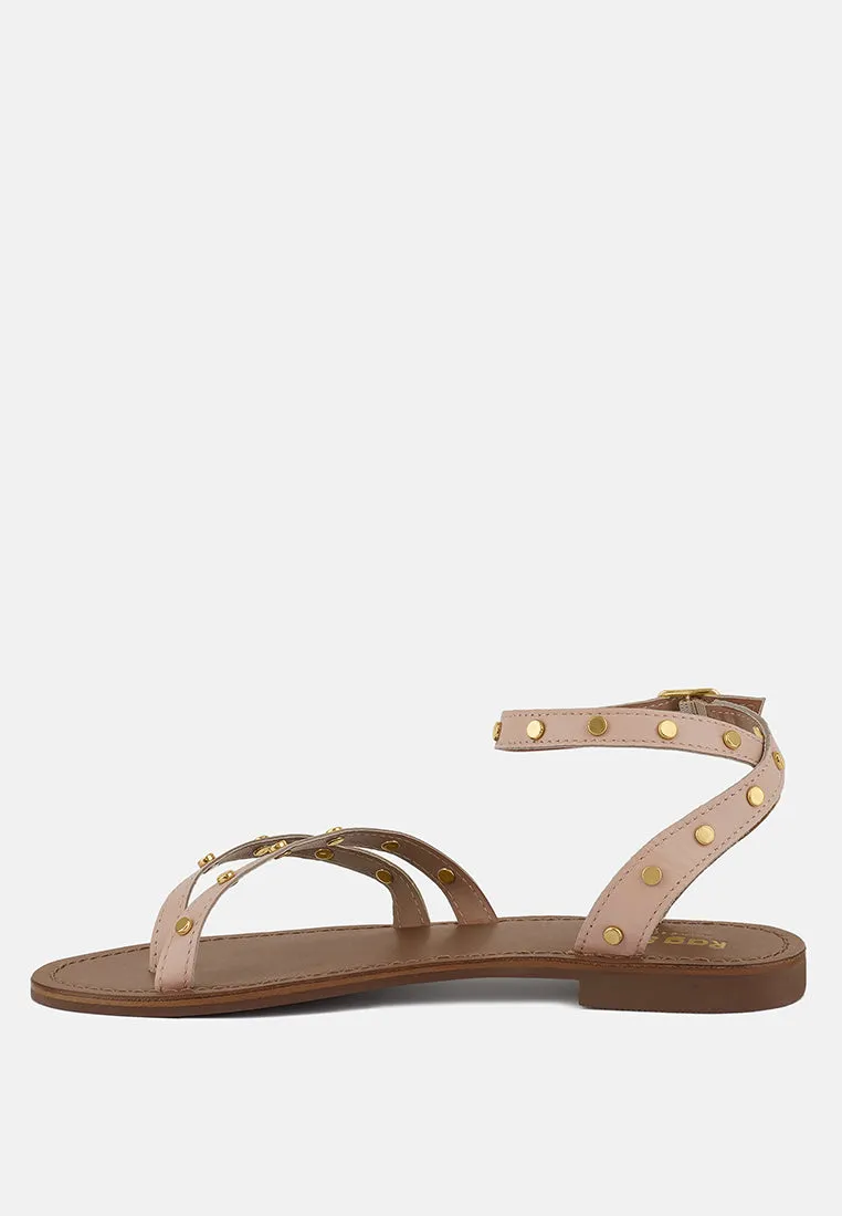 OPRAH Studs Embellished Flat Sandals in Beige