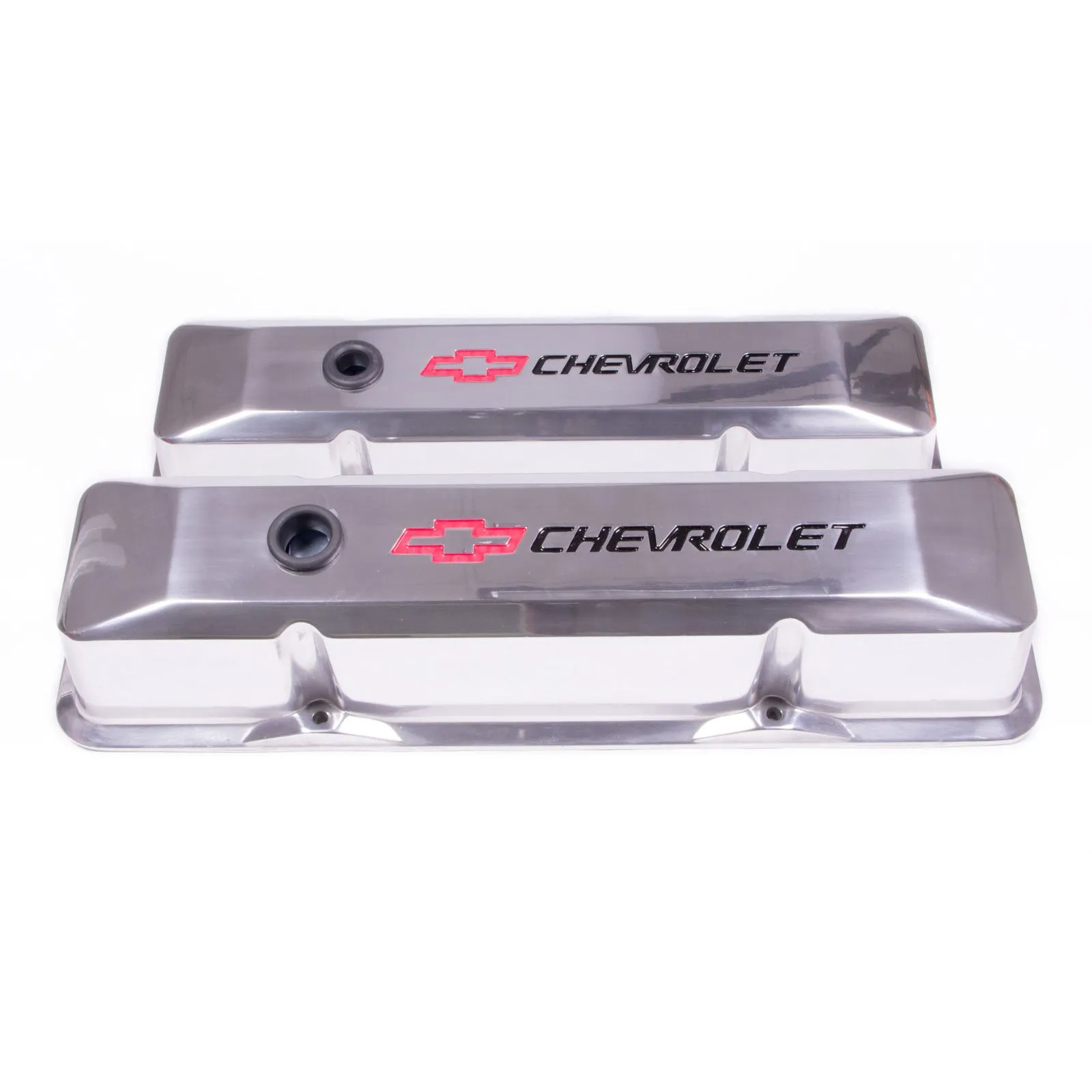 Proform Die-Cast Tall Valve Cover - Baffled - Breather Hole - Recessed Chevrolet Bowtie Logo - Polished - Small Block Chevy - Pair