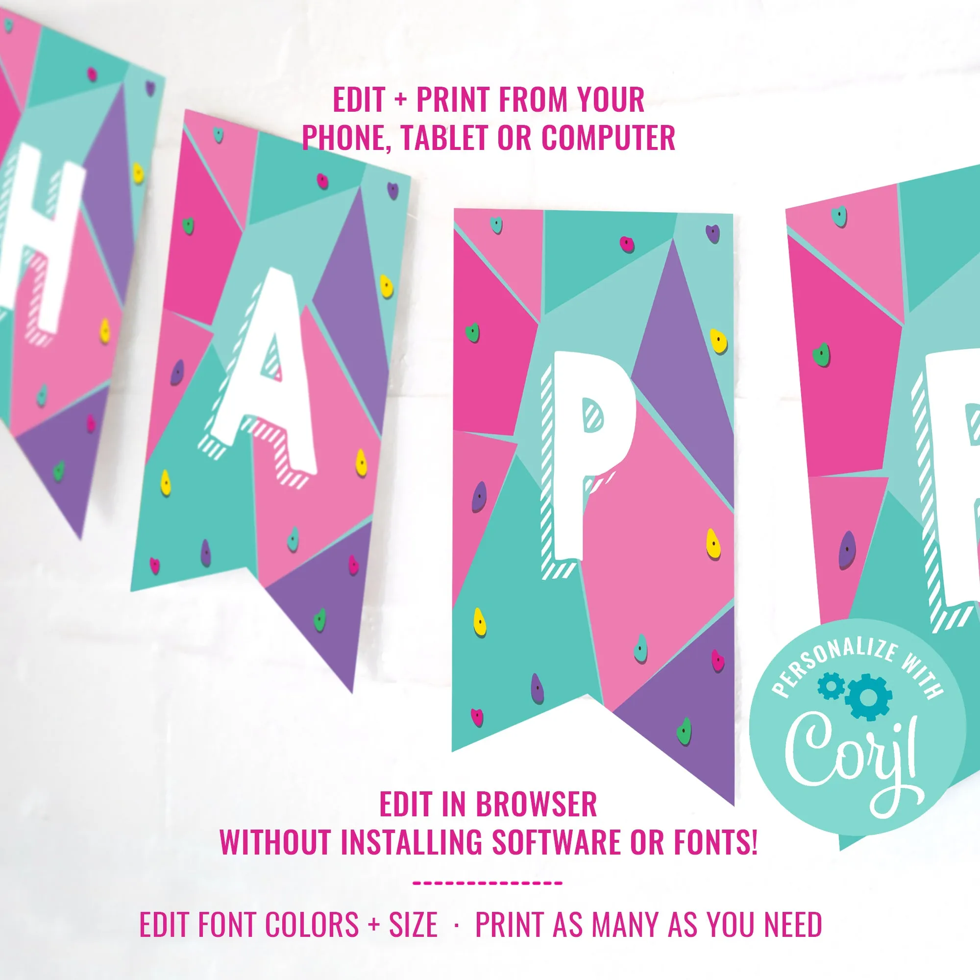 Rock Climbing Party Happy Birthday Girls Banner | Outdoor Adventure Party Banner