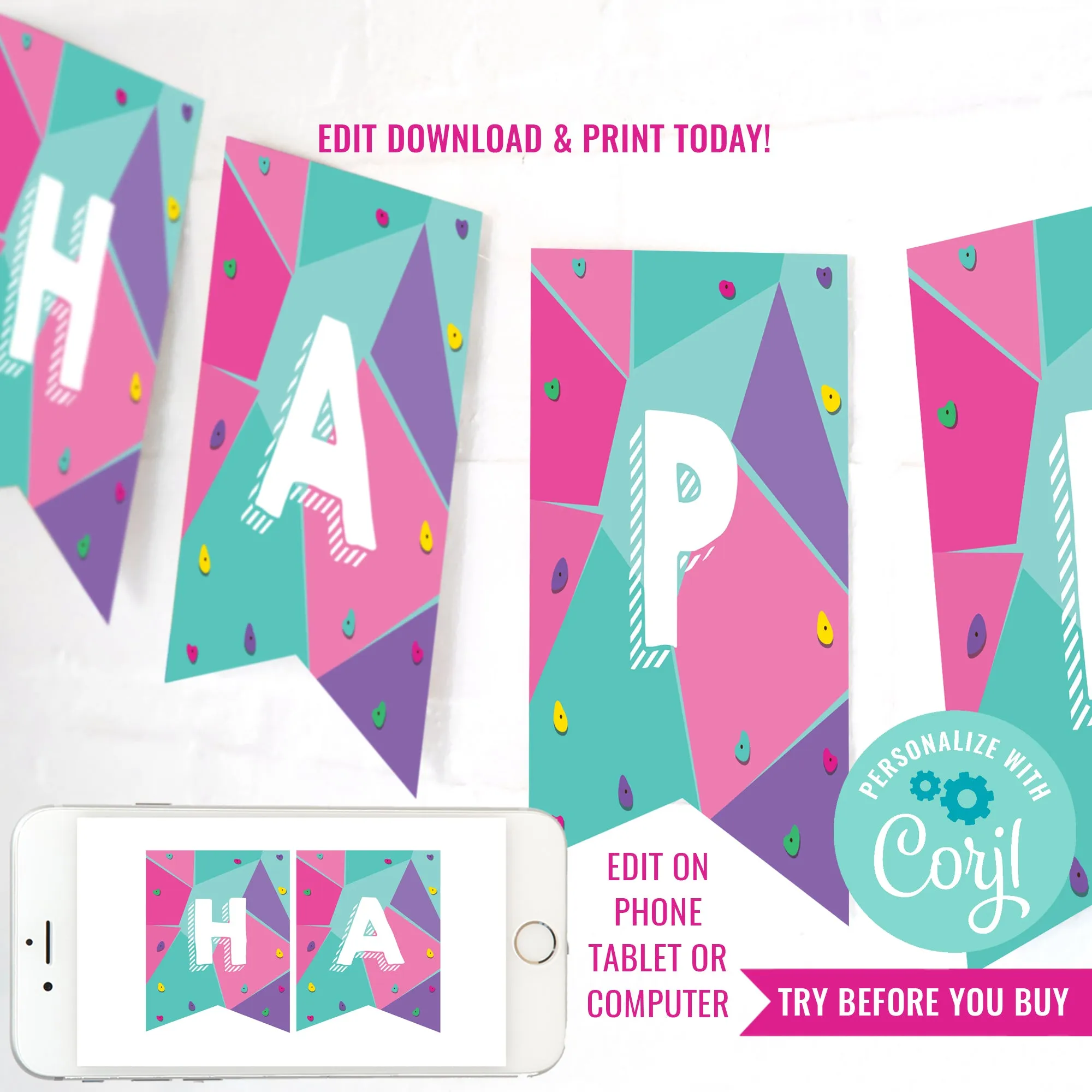 Rock Climbing Party Happy Birthday Girls Banner | Outdoor Adventure Party Banner